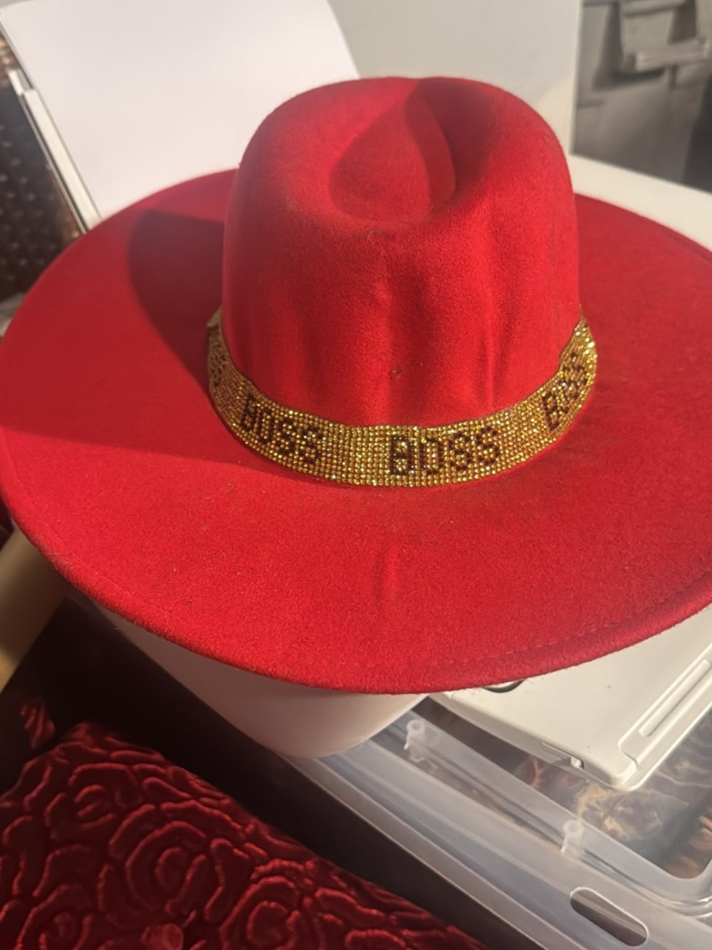 Red Embellished Wide-Brim Hat with Gold Crystal Band